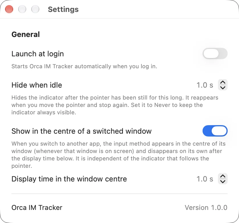 The Settings window with Launch at login, Hide when idle, and the window-centre badge controls