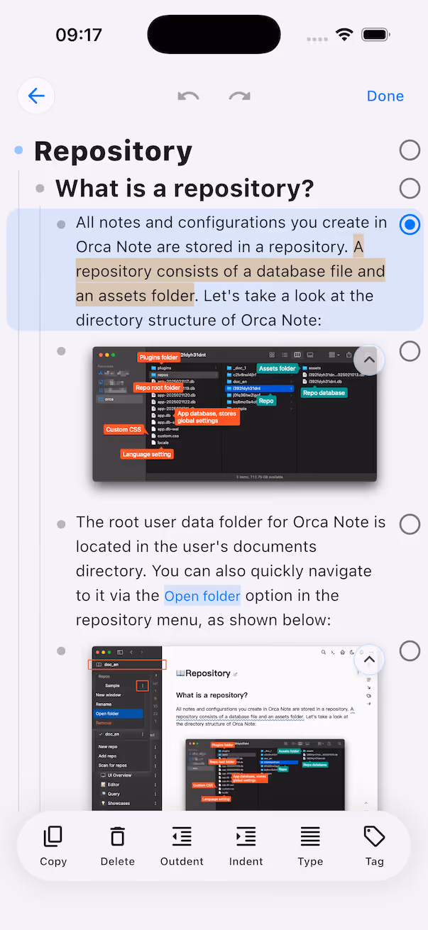 Swipe right on a non-editing block to enter selection mode